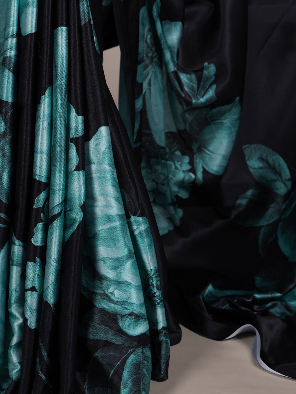 Teal floral printed satin silk saree with matching banglory blouse