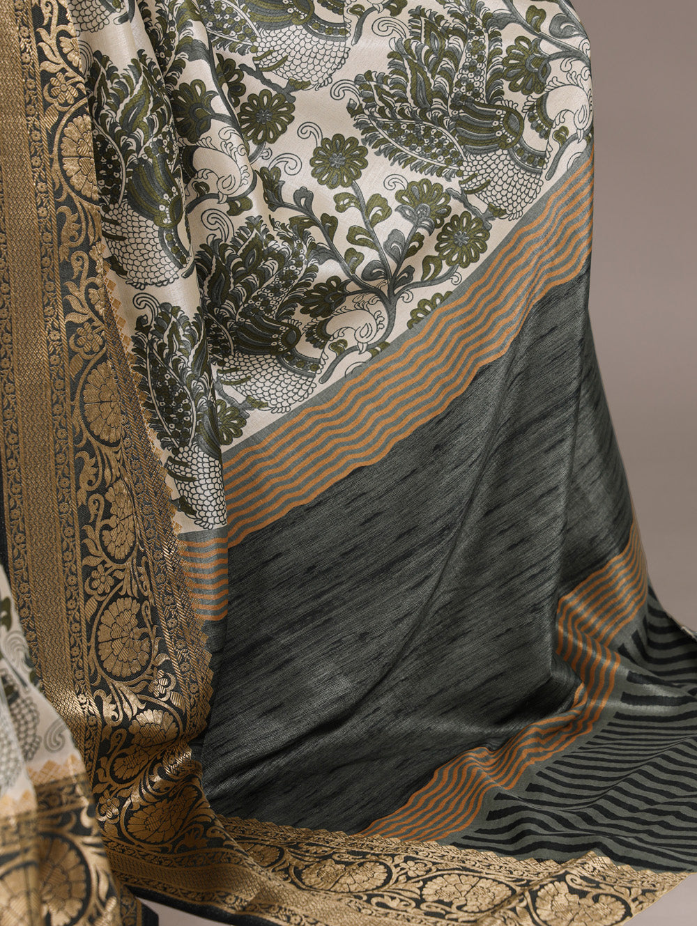 Mehendi color printed tasar silk saree with viscose border