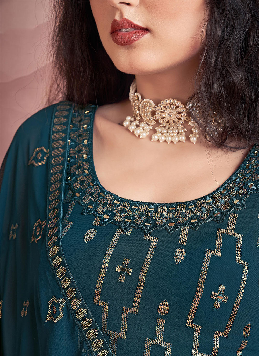 Georgette Readymade Suit In Teal