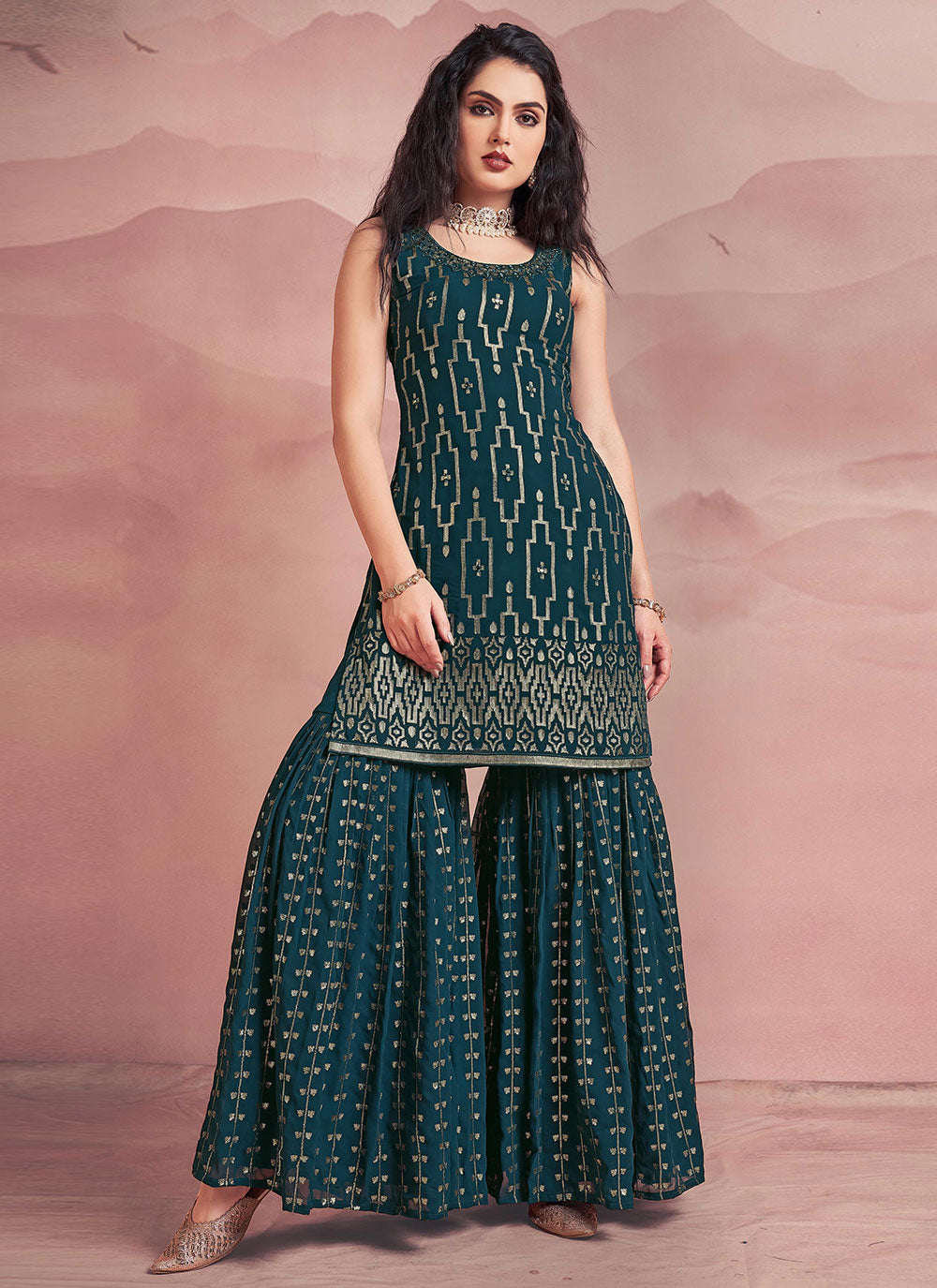 Georgette Readymade Suit In Teal