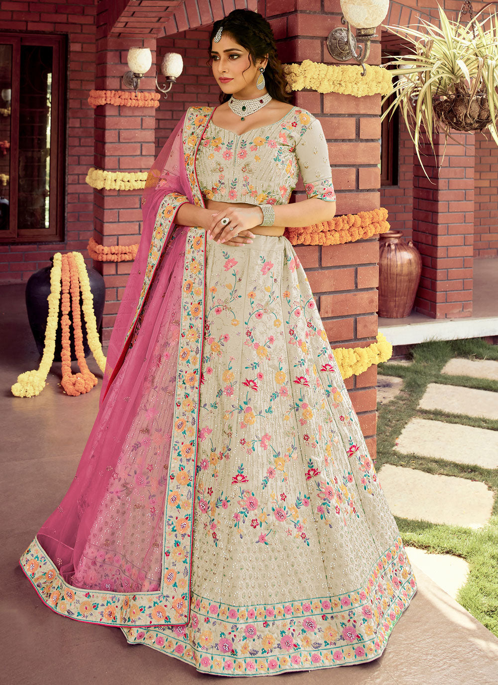 Off-White Embroidered Silk Semi Stitched Lehenga