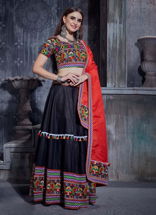 Exquisite Cotton Fabric Black Color Heavy Work Navratri Special Flared Lehenga