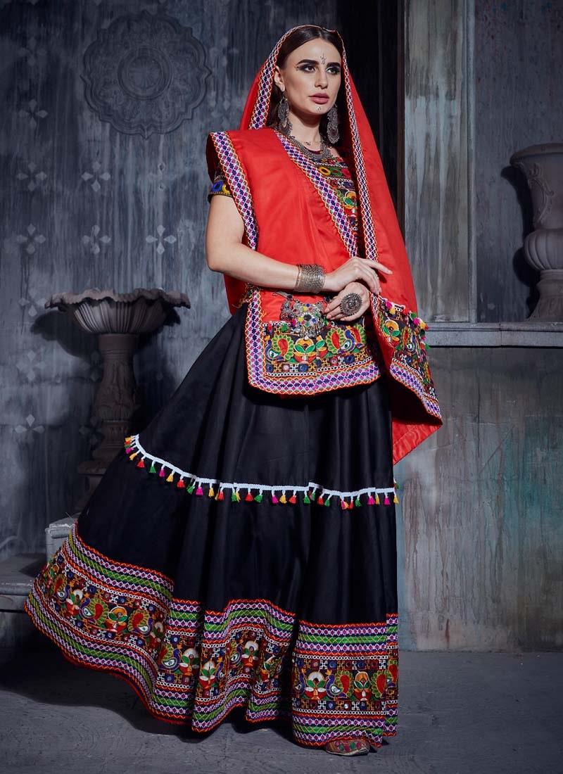 Exquisite Cotton Fabric Black Color Heavy Work Navratri Special Flared Lehenga