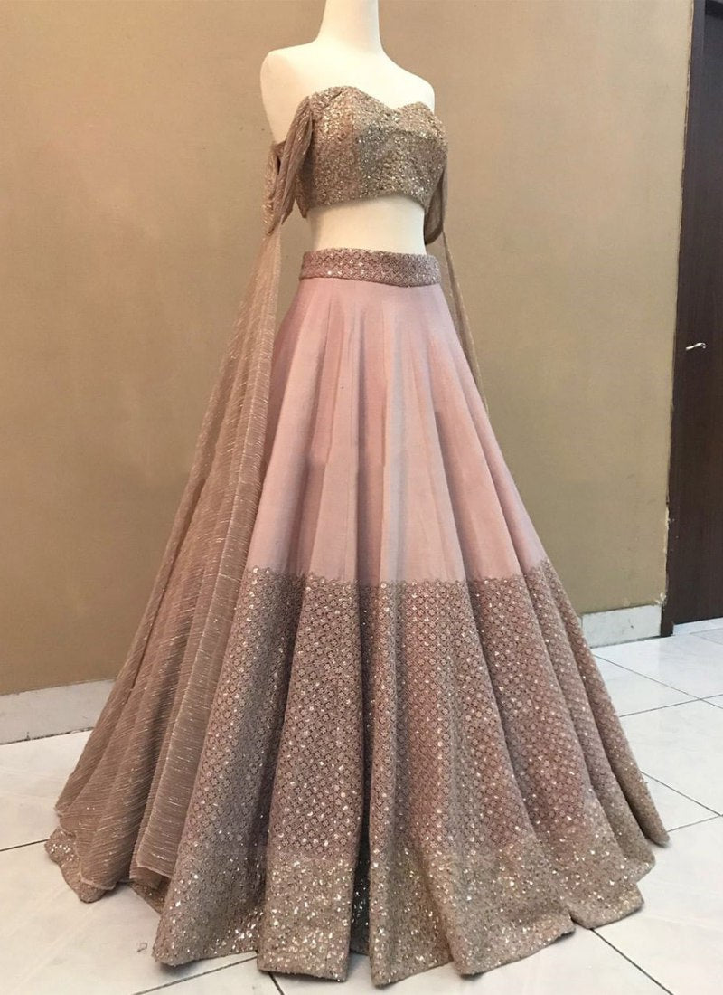 Exquisite Cotton Silk Baby Pink & LIghth Brown Lehenga Choli Set with Jari Embroidery