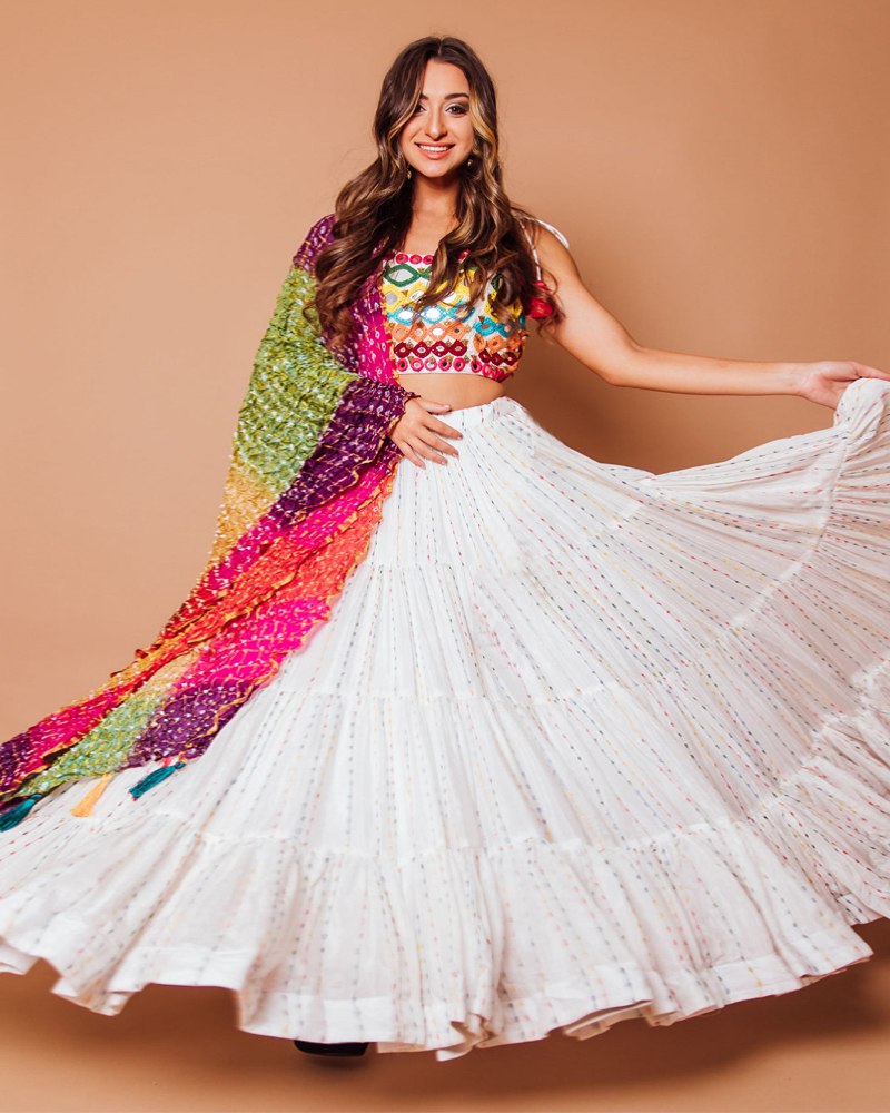 Exquisite Georgette White Lehenga Choli Set with Multicolored Embroidery and Digital Print Dupatta