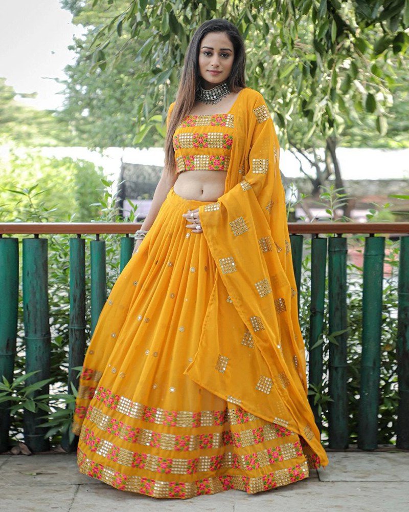 Exquisite Georgette Musterd Lehenga with Sequined Embroidery