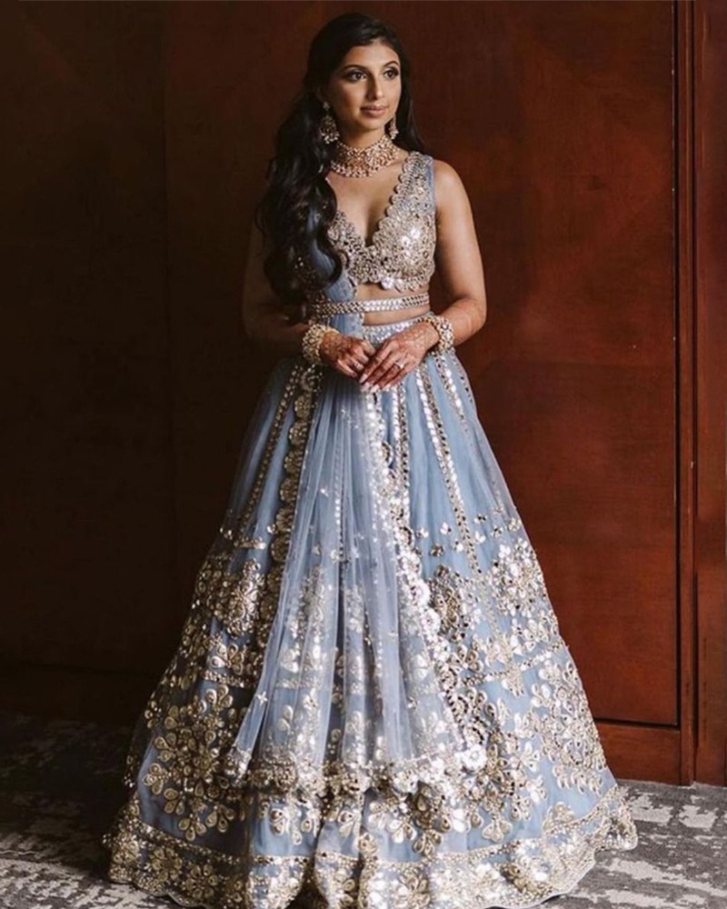 Exquisite Jari and Paper Mirror Embroidered Sky Blue Lehenga Choli Set