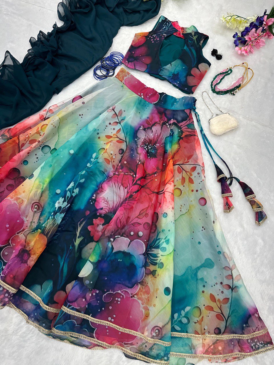 Exquisite Multi Color Organza Silk Lehenga Set - Modern Elegance with a Touch of Tradition