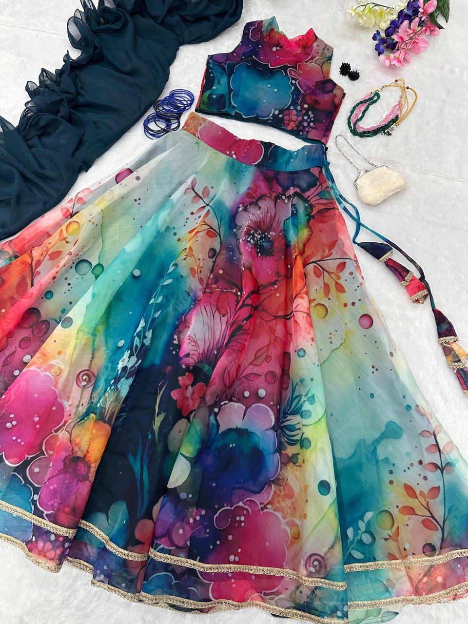 Exquisite Multi Color Organza Silk Lehenga Set - Modern Elegance with a Touch of Tradition