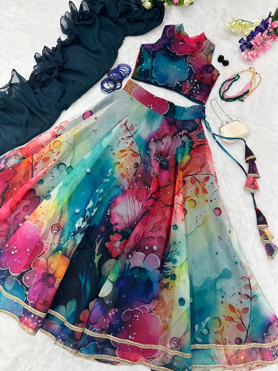 Exquisite Multi Color Organza Silk Lehenga Set - Modern Elegance with a Touch of Tradition