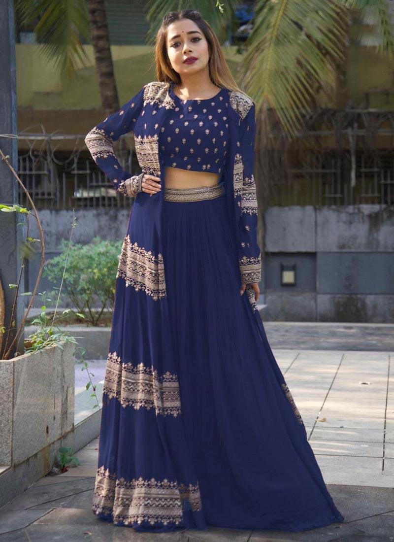 Exquisite Navy Blue Color Jacket Style Lehenga