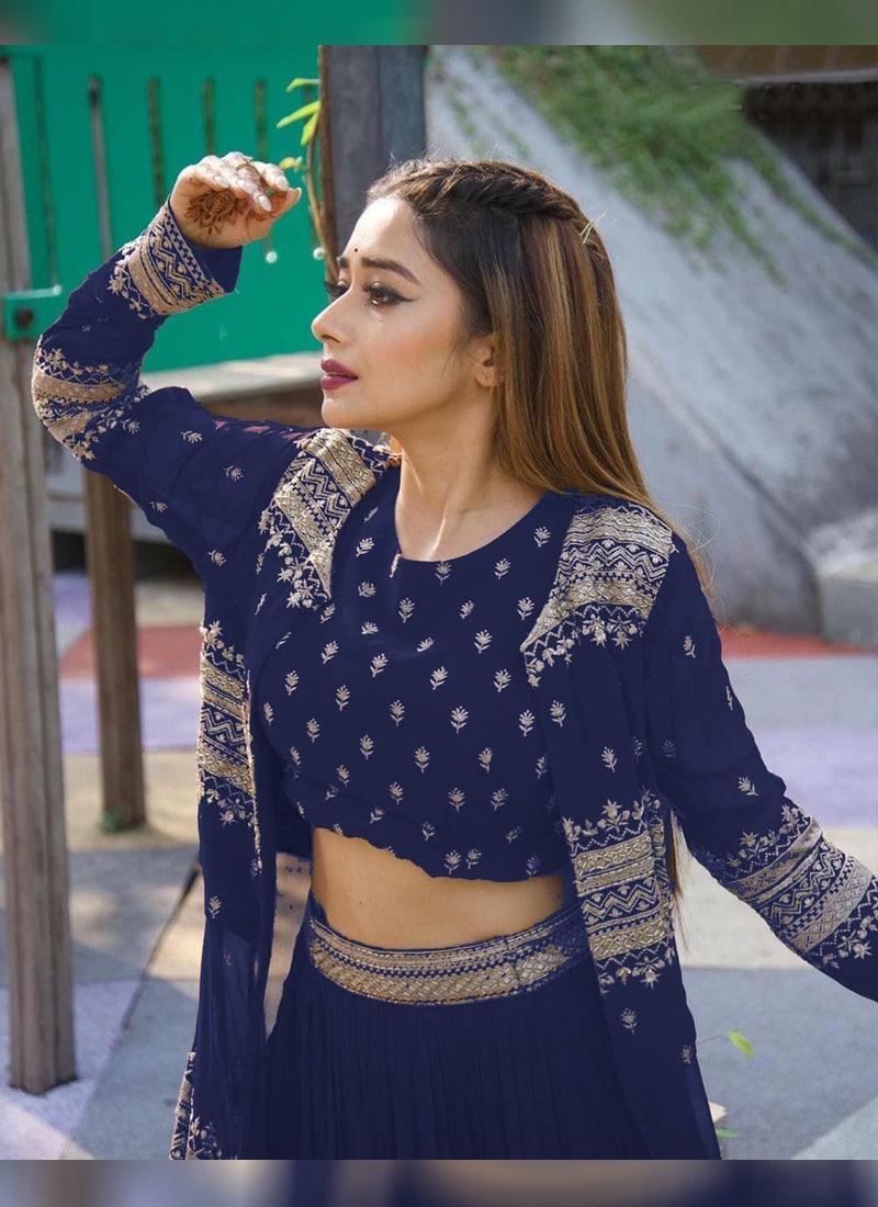 Exquisite Navy Blue Color Jacket Style Lehenga