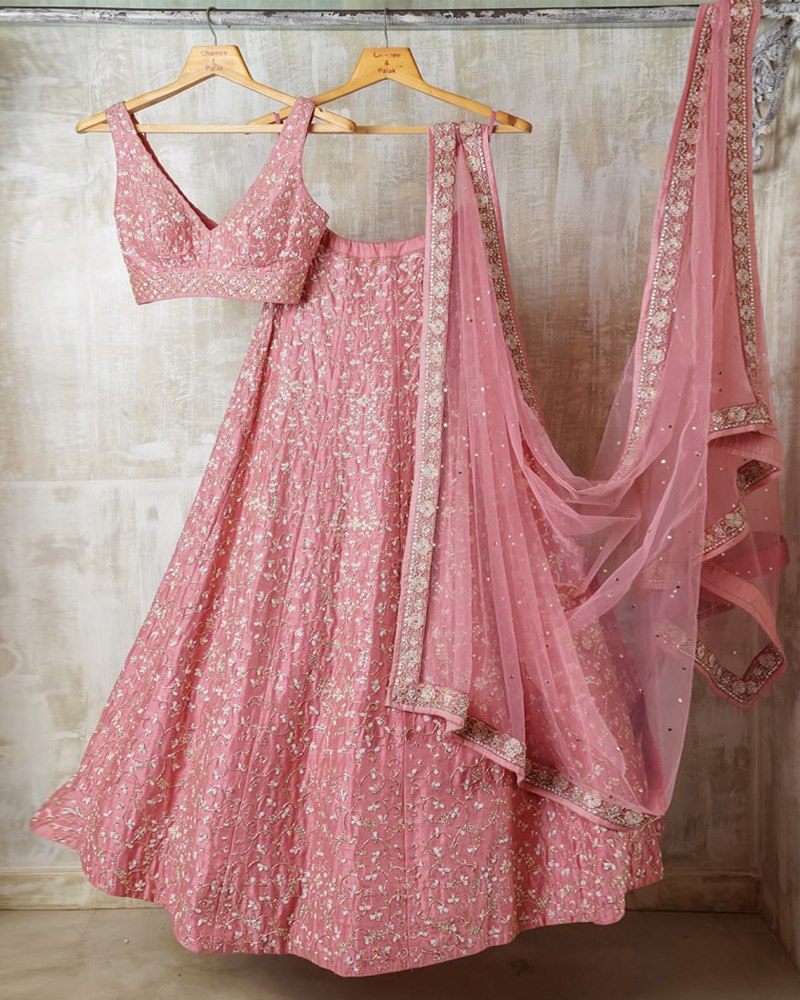 Exquisite Net Duapatta, Malai Satin Silk Pink Lehenga Choli Set with Dori, Thread & Sequence Work