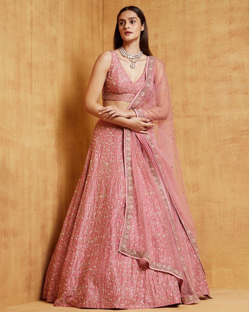 Exquisite Net Duapatta, Malai Satin Silk Pink Lehenga Choli Set with Dori, Thread & Sequence Work