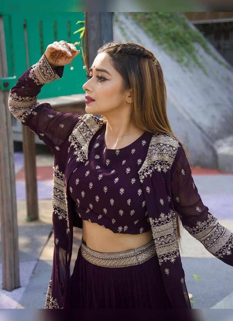 Exquisite Purple Color Jacket Style Lehenga