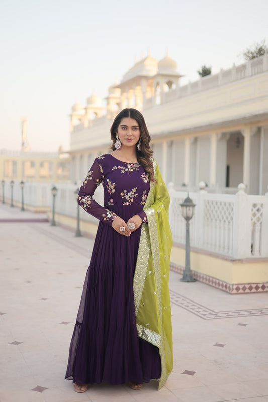 Exquisite Purple Faux Georgette Gown with Embroidered Threadwork and Russian Silk Dupatta