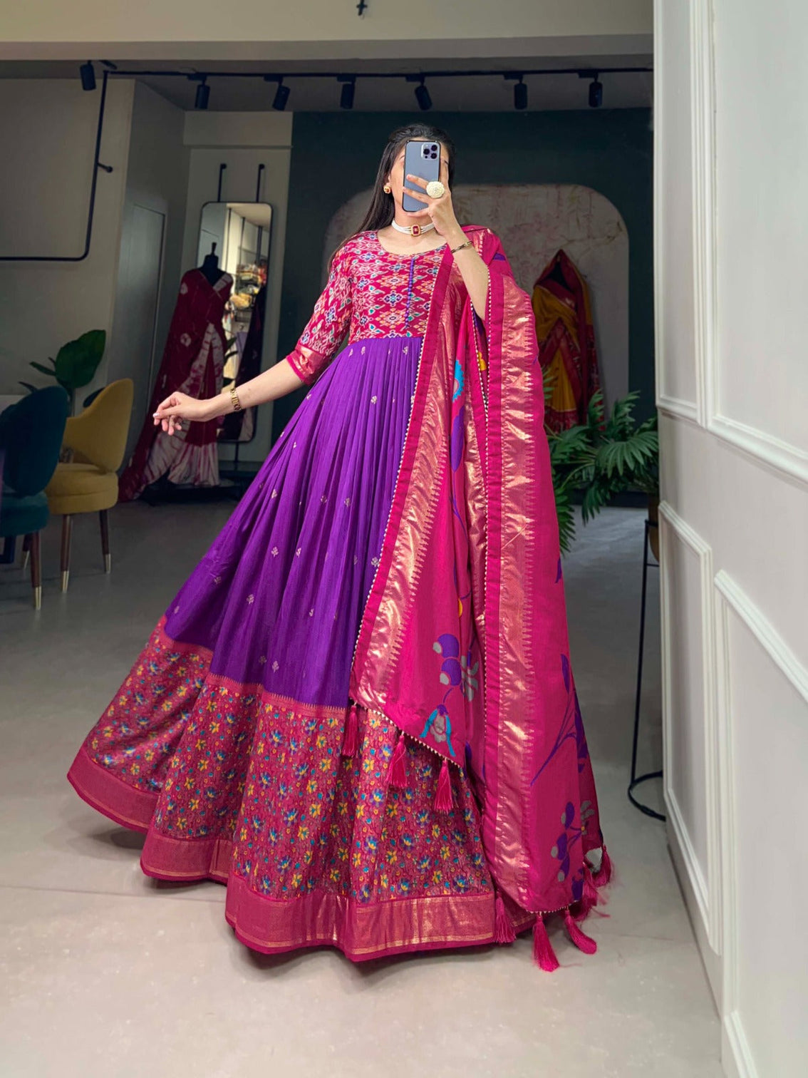 Exquisite Purple Ready to Wear Tussar Silk Foil Print Gown with Dupatta