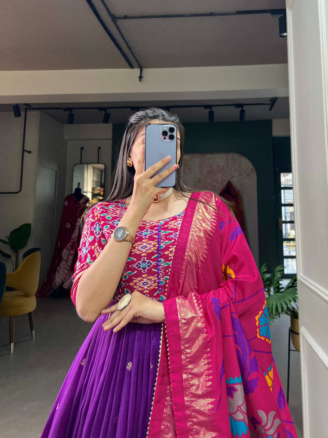 Exquisite Purple Ready to Wear Tussar Silk Foil Print Gown with Dupatta