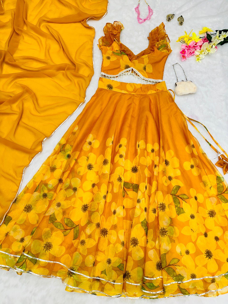 Exquisite Yellow Pure Organza Silk Lehenga Choli Set with Handwork