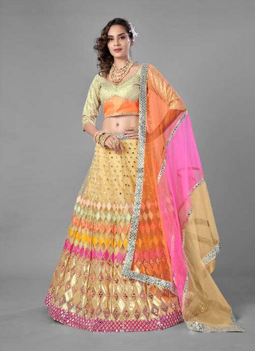 Extraordinary Beige Resham Foil Mirror Soft Net Lehenga Choli Set