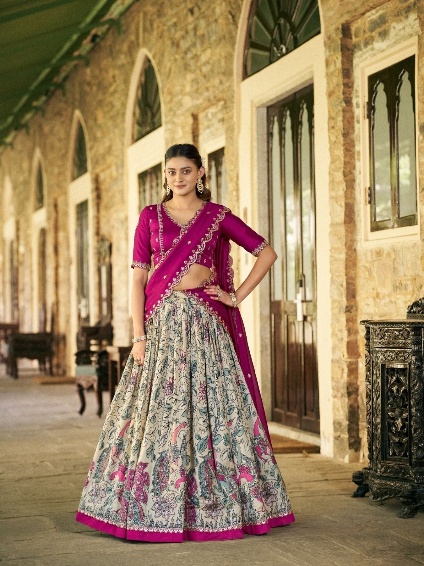 Kalamkari Print Lehenga with Lace Border for Wedding Functions