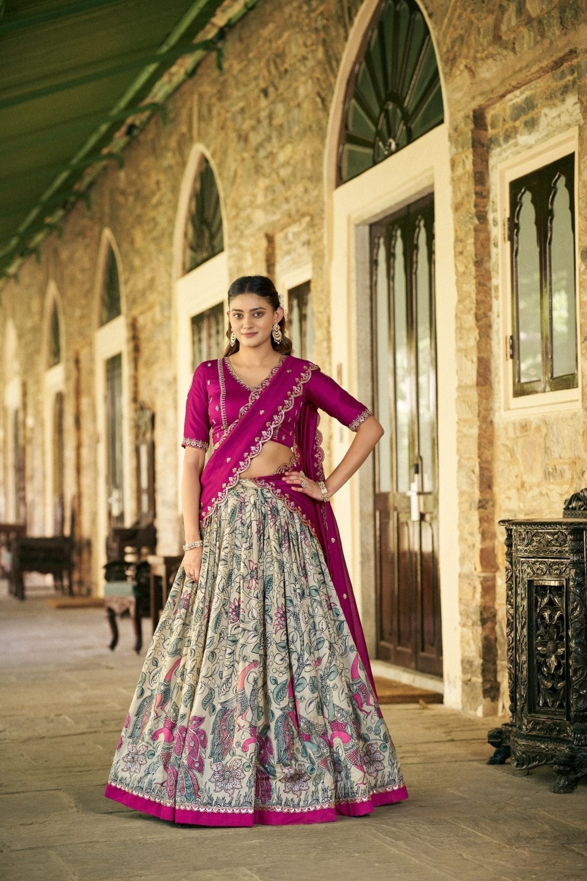 Kalamkari Print Lehenga with Lace Border for Wedding Functions