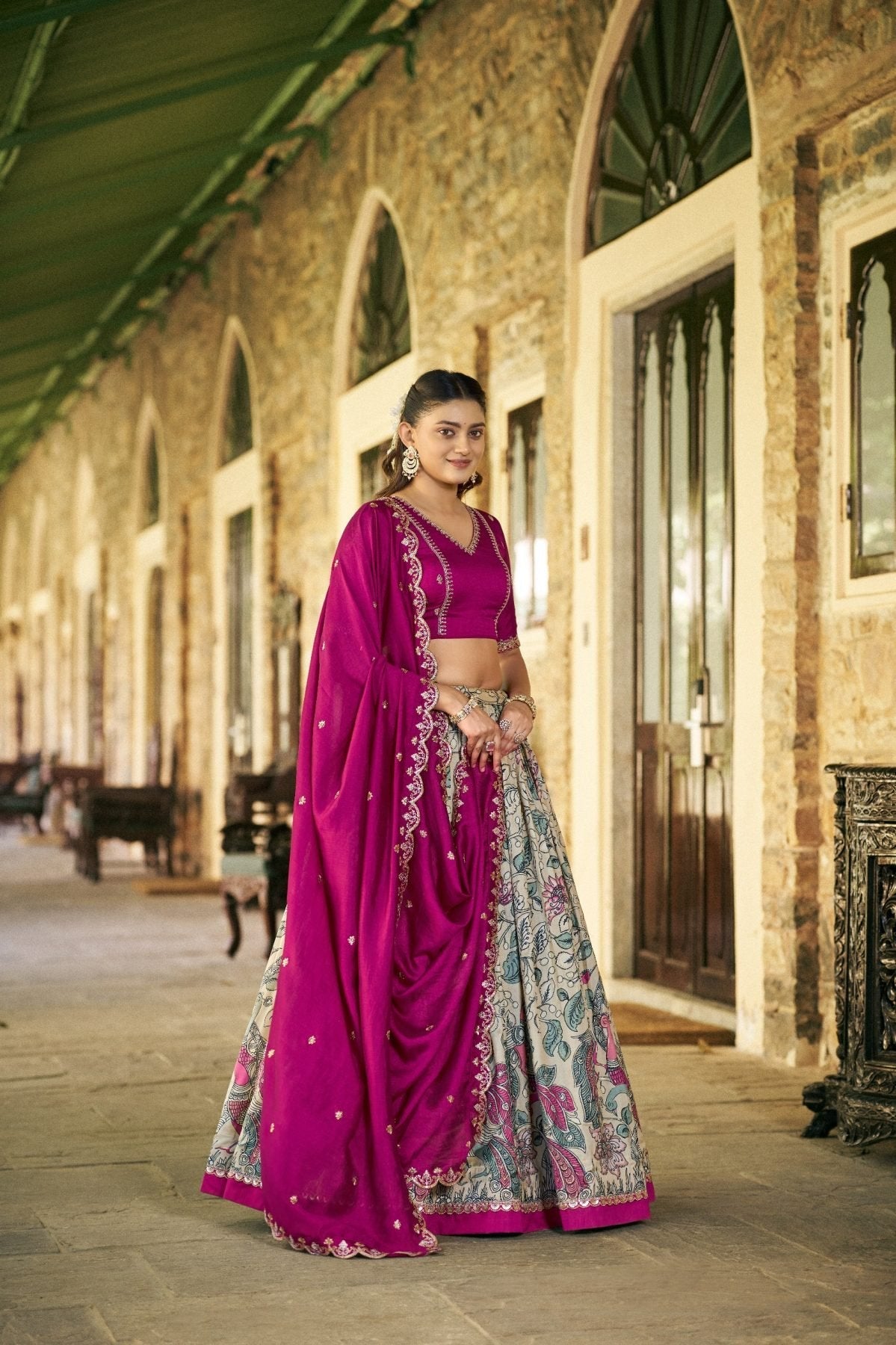 Kalamkari Print Lehenga with Lace Border for Wedding Functions