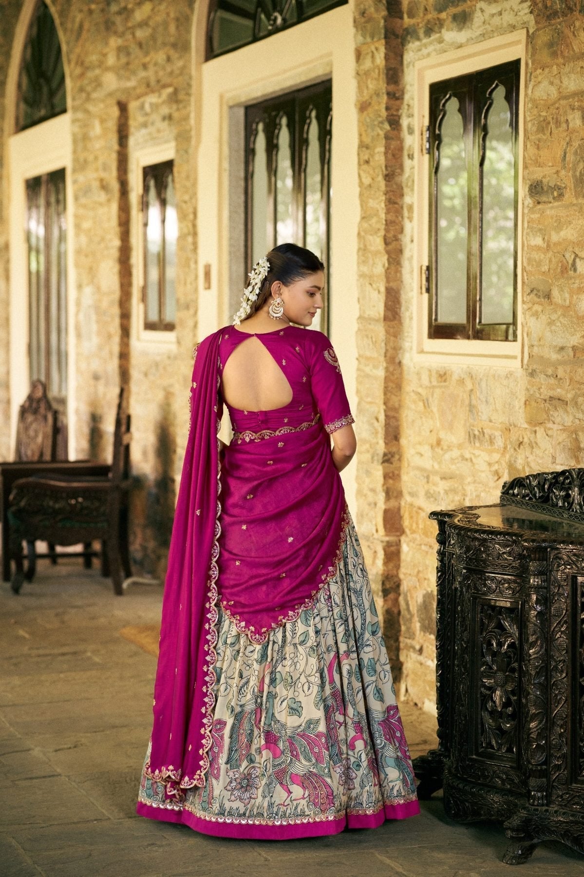Kalamkari Print Lehenga with Lace Border for Wedding Functions