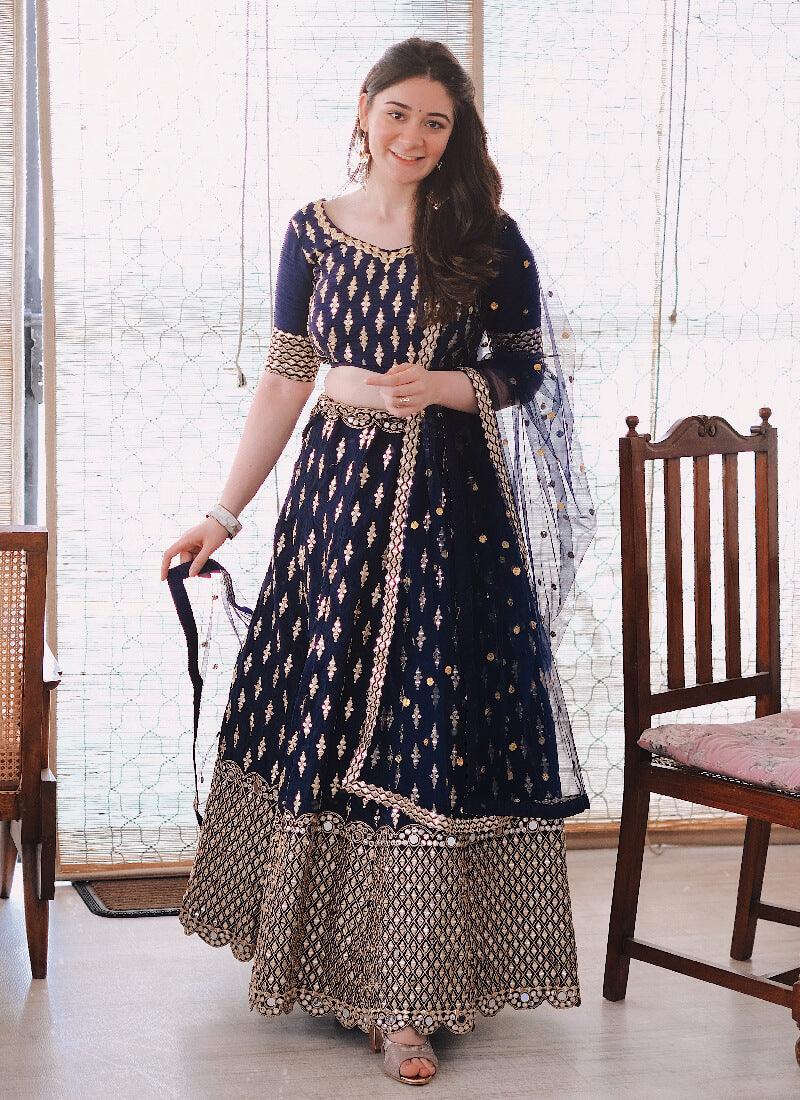 Eye-captivating Banglori Silk Navy Blue Flared Lehenga Choli