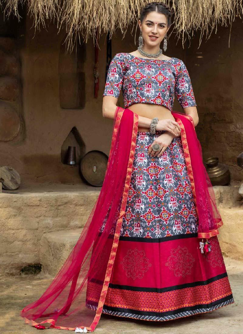 Eye-Captivating Grey And Pink Color Art Silk Base Printed Lehenga Choli