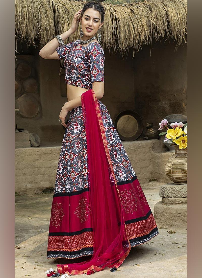 Eye-Captivating Grey And Pink Color Art Silk Base Printed Lehenga Choli