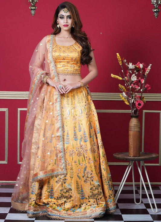 Eye-Captivating Yellow Color Silk Base With Digital Print Base Occasion Wear Lehenga Choli