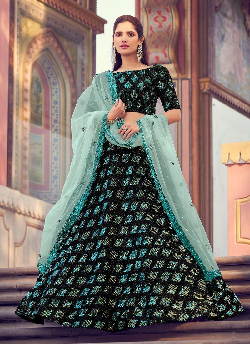 Eye-catching Black Color Lehenga Choli With Turquoise Color Dupatta Set