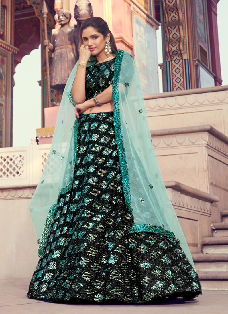 Eye-catching Black Color Lehenga Choli With Turquoise Color Dupatta Set