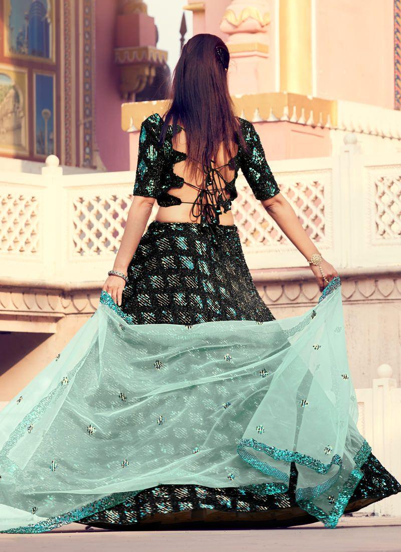 Eye-catching Black Color Lehenga Choli With Turquoise Color Dupatta Set