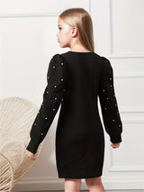 Girls Black Pearl Embellished Puff Sleeve Bodycon Dress