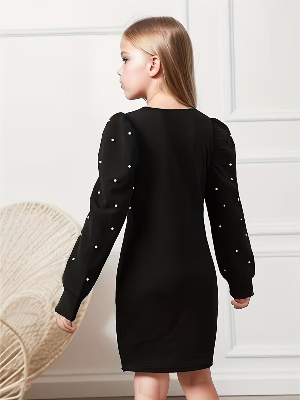 Girls Black Pearl Embellished Puff Sleeve Bodycon Dress