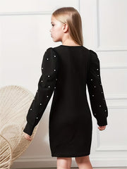 Girls Black Pearl Embellished Puff Sleeve Bodycon Dress