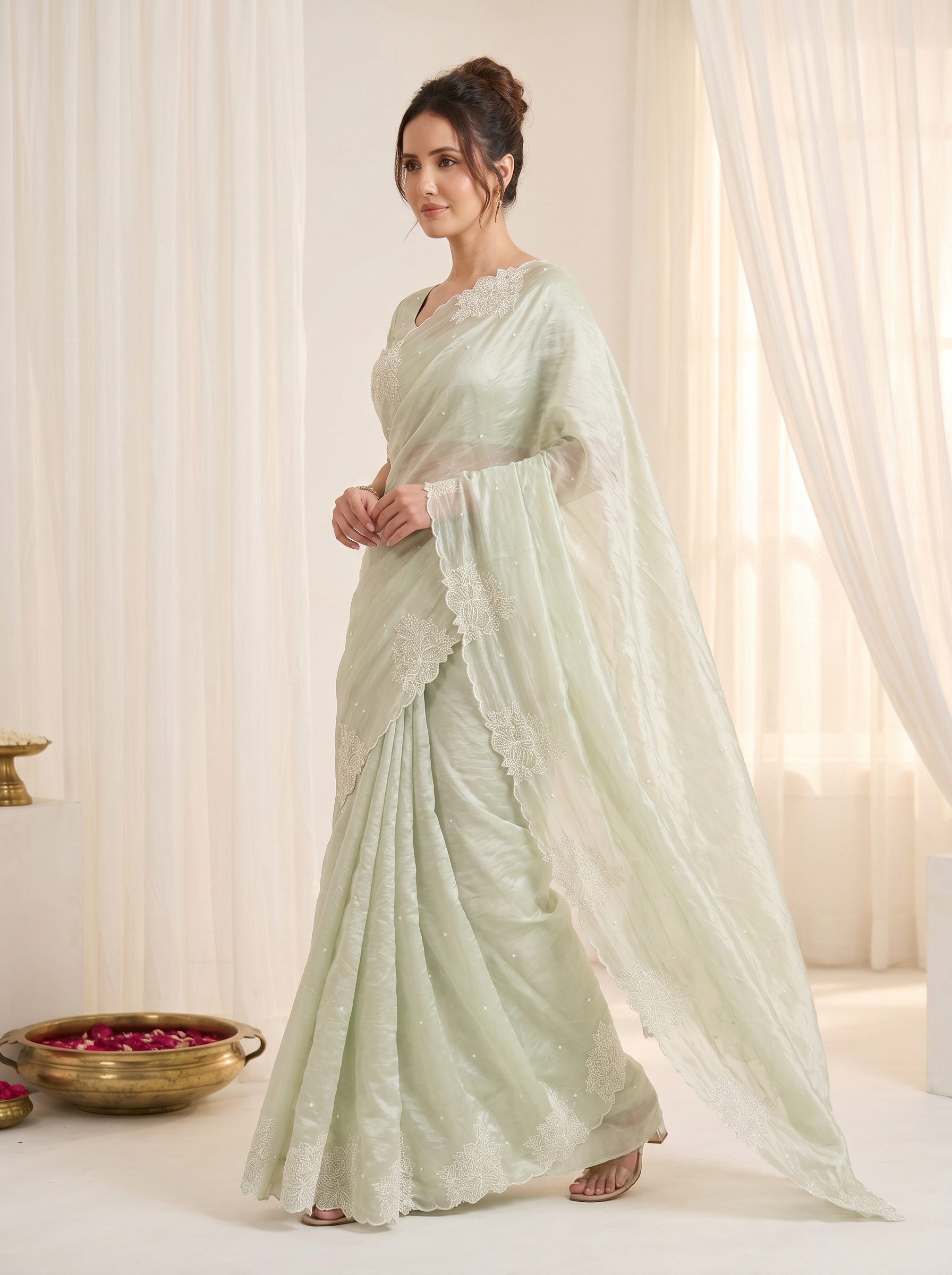 Pista Pure Raspberry Crush Silk Saree with Lucknowi Embroidery
