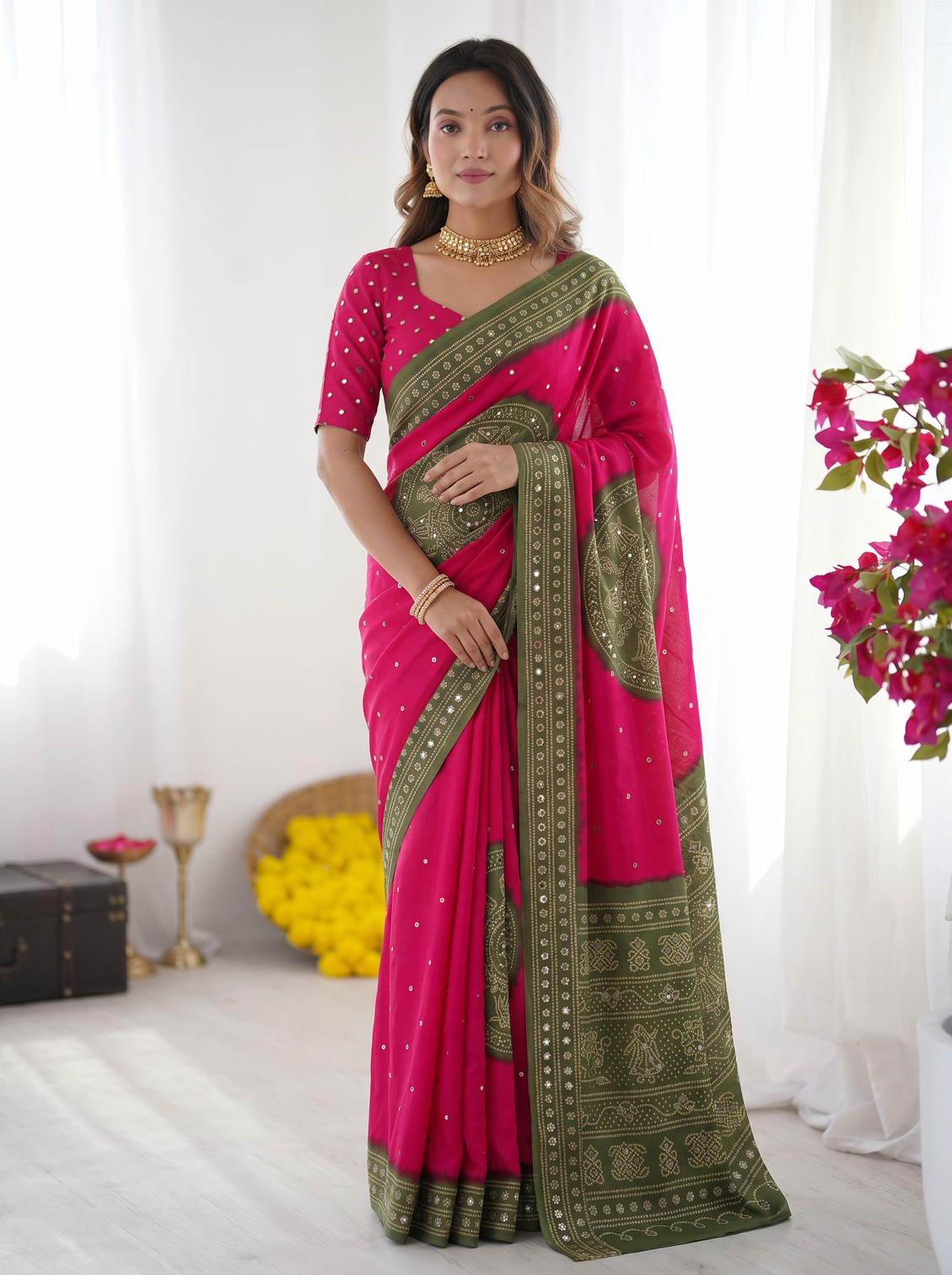 Rani pink olive green bandhani inspired modal silk saree with traditional folk print pallu stone embellishments