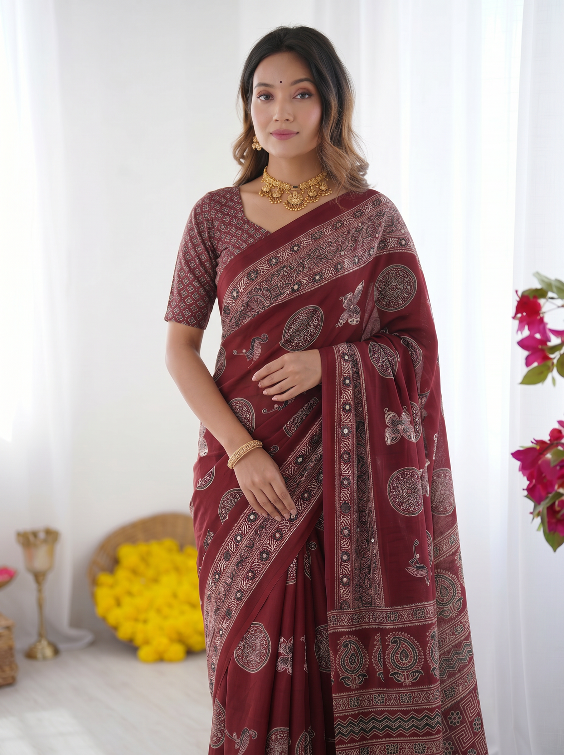 Maroon modal silk saree with paisley circular motif print designer heritage pallu saree for festive wear
