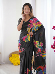 Black modal silk saree with multicolor floral art print handcrafted inspired design designer tassel pallu