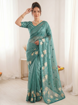 Denim Pure Oris Silk Saree with Embroidered Lotus Buttis & Applique Border