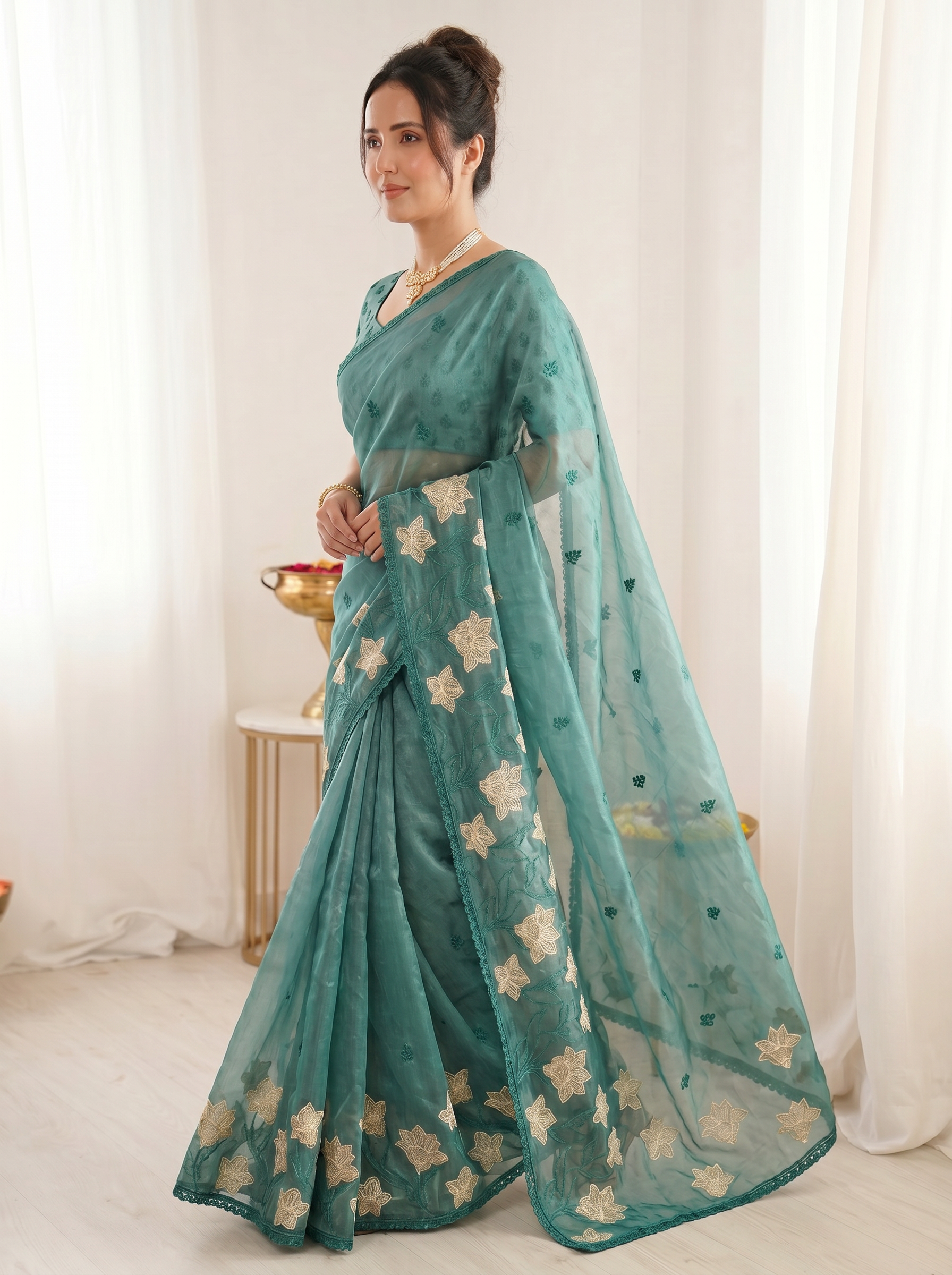 Denim Pure Oris Silk Saree with Embroidered Lotus Buttis & Applique Border