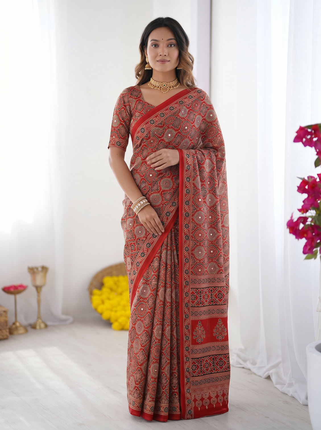 Rustic brick red modal silk saree with heritage geometric motifs traditional designer border artistic pallu