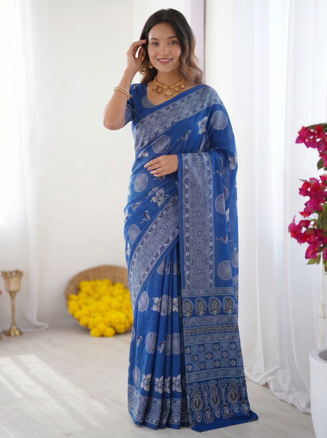 Royal blue modal silk saree with paisley circular motif print designer heritage pallu saree for festive wear