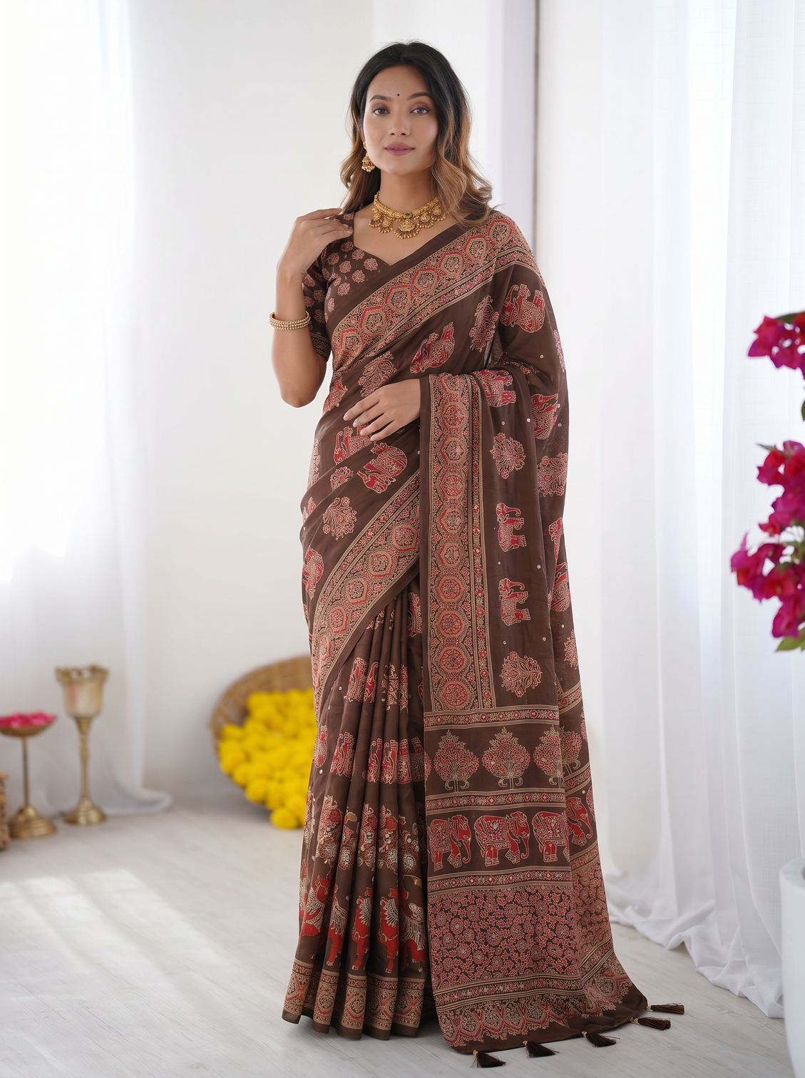 Chocolate brown modal silk saree with elephant motif heritage print designer pallu traditional festive wear saree mameraa