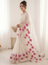 White Pure Oris Silk Saree with Embroidered Lotus Buttis & Applique Border