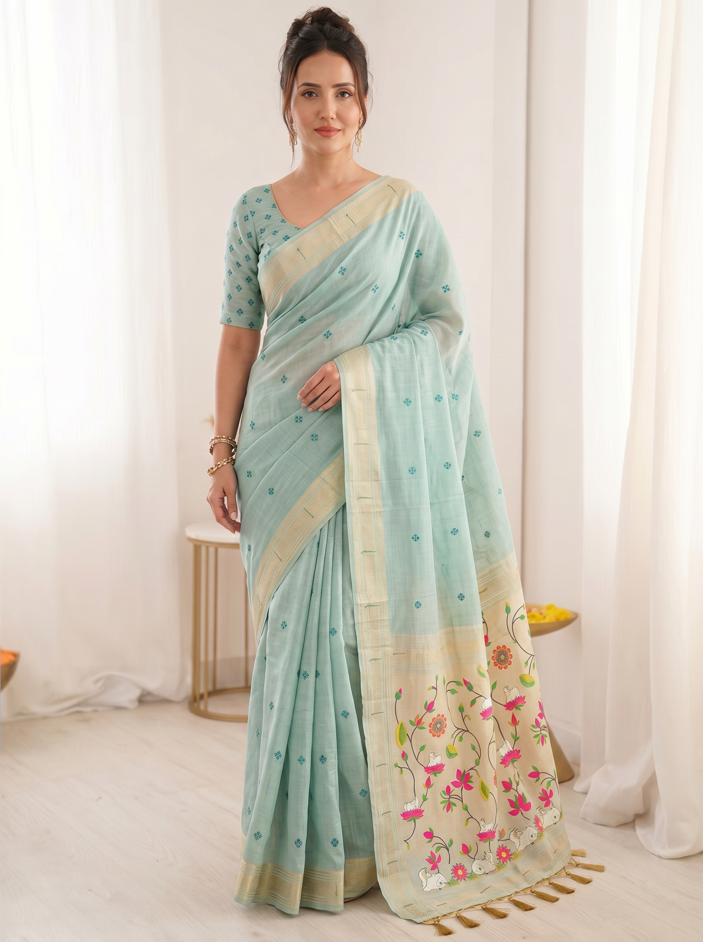 Sky Premium Soft Muga Cotton Saree with Paithani Swan Meenakari Pallu
