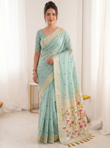 Sky Premium Soft Muga Cotton Saree with Paithani Swan Meenakari Pallu